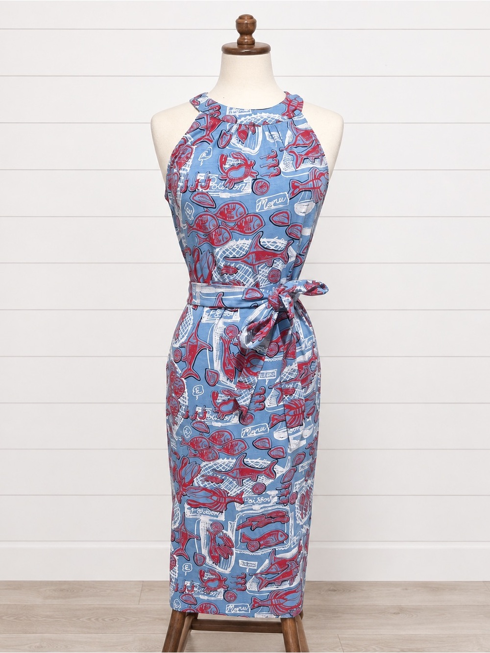 Talbots Blue Halter Midi Dress with Red Print